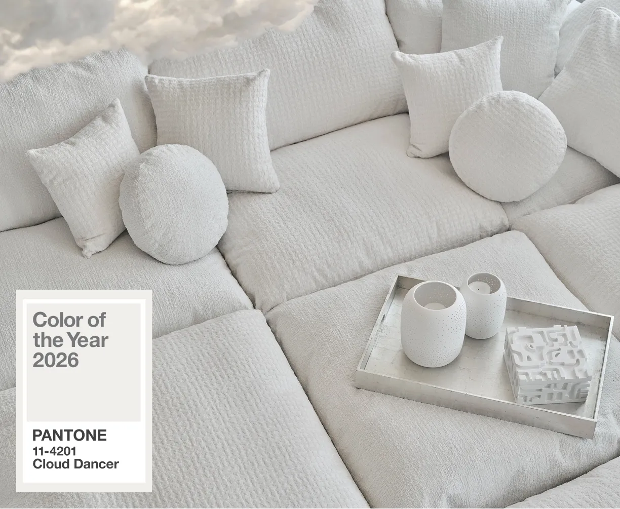 pantone 2026 color of the year 11 4201 cloud dancer joybird sectional with tray